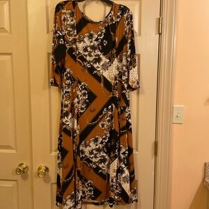 Nina Leonard Black, Brown, and Cream Floral Quarter Length Sleeve Dress, Size XL